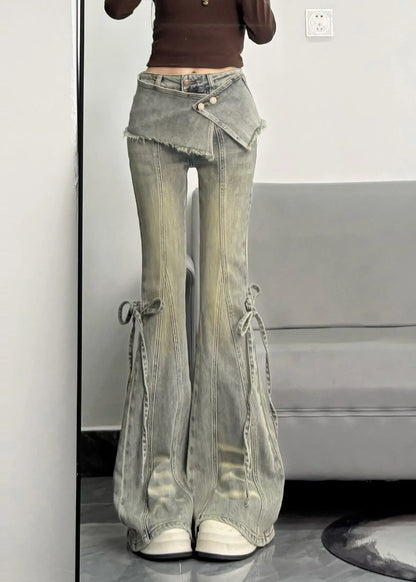 Silm Fit Light Blue Denim Flare Bottoms Pants Skirt Spring