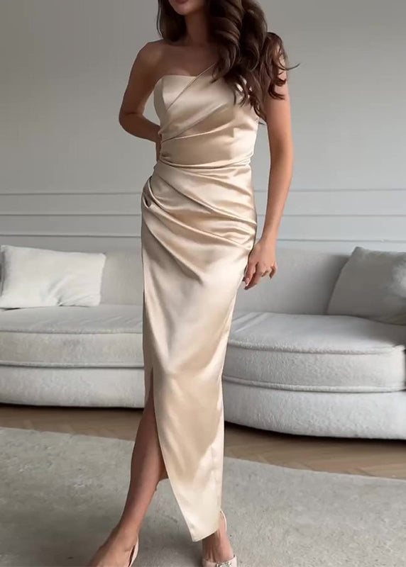 Green One Shoulder Side Open Slim Fit Silk Dress Sleeveless