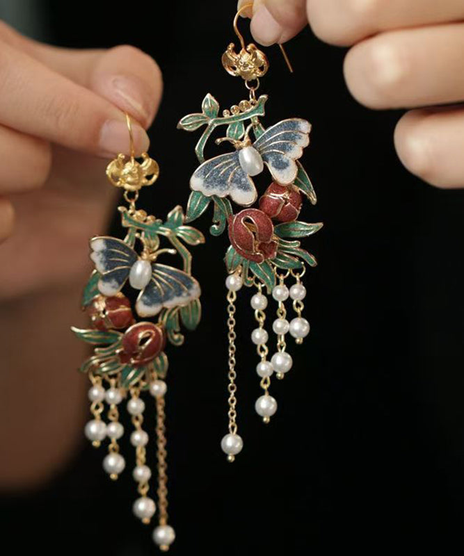 Gold Sterling Silver Overgild Pearl Butterfly Tassel Drop Earrings