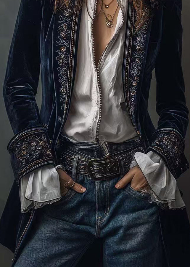Navy Print Patchwork Velvet Coats Fall