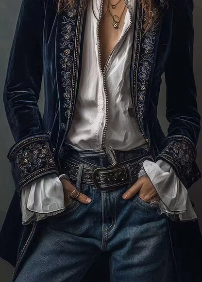 Navy Print Patchwork Velvet Coats Fall