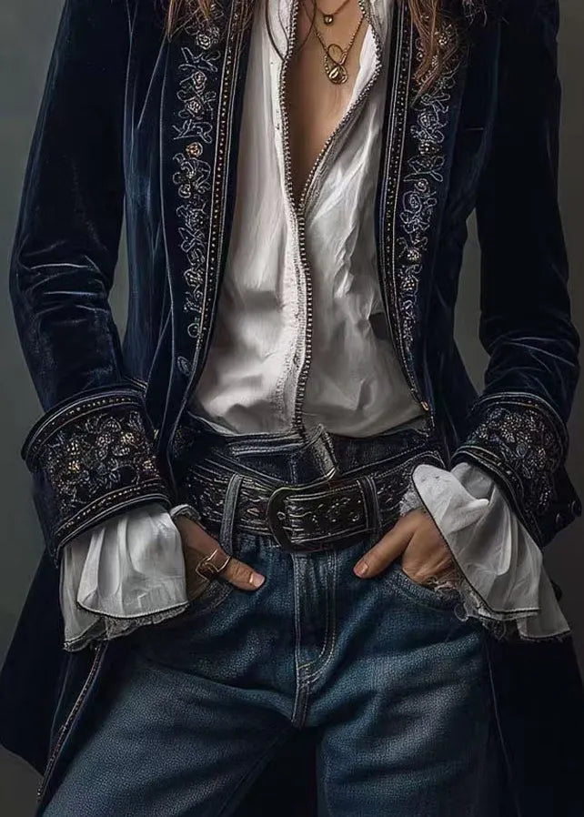 Navy Print Patchwork Velvet Coats Fall