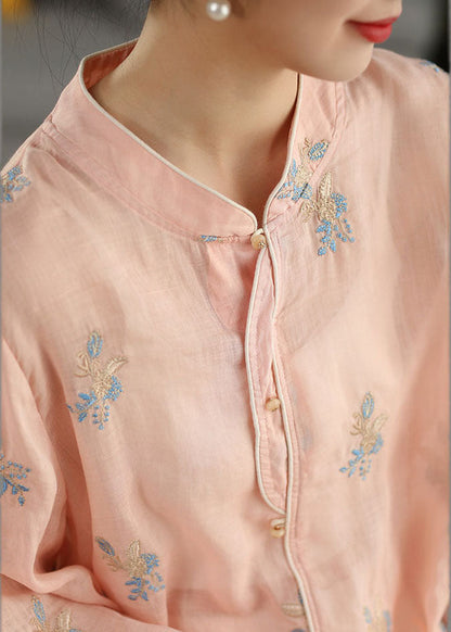 Pink Embroidered Oversized Linen Shirt Spring