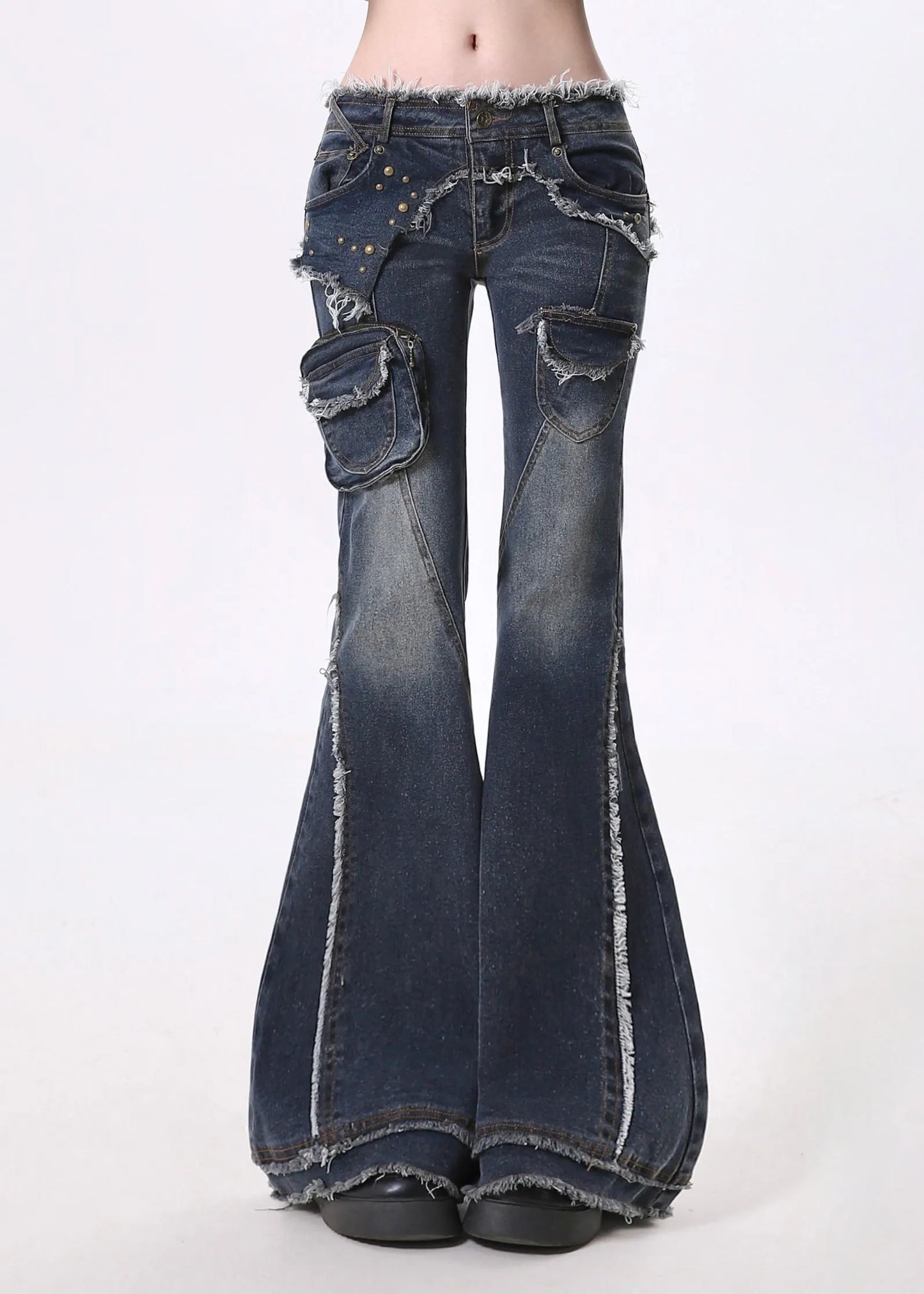 Navy Tasseled Patchwork Pockets Denim Flare Bottoms Pants Spring