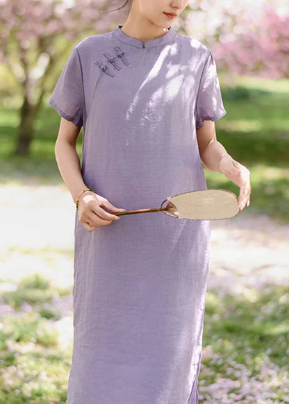 Yellow Oriental Button Linen Dresses Summer