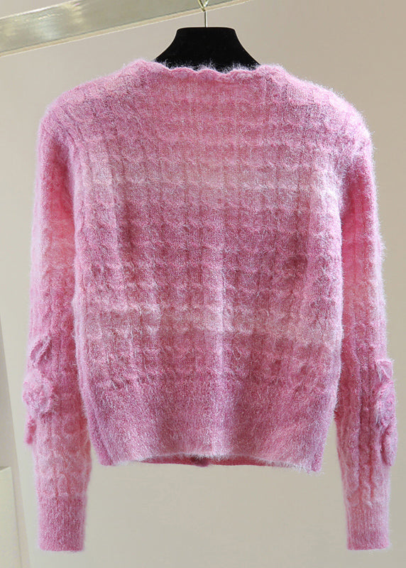 Pink V Neck Zippered Cotton Knit Sweaters Winter
