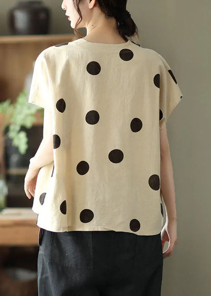 Light Khaki V Neck Print Patchwork Linen T Shirt Tops Summer