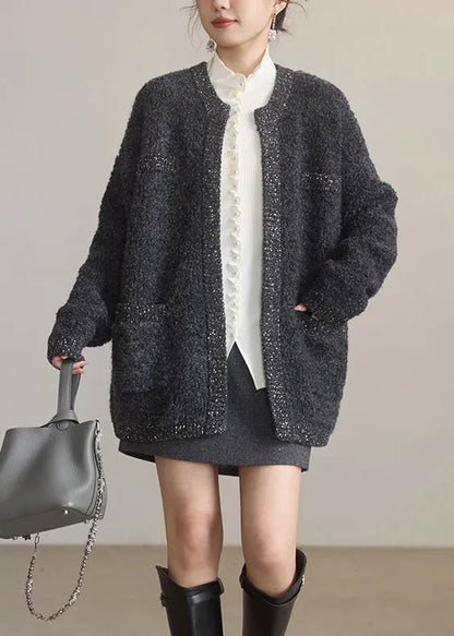 Dark Grey O Neck Sequins Woolen Cardigans Winter