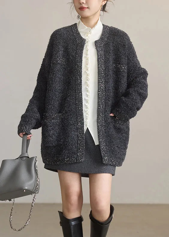 Dark Grey O Neck Sequins Woolen Cardigans Winter