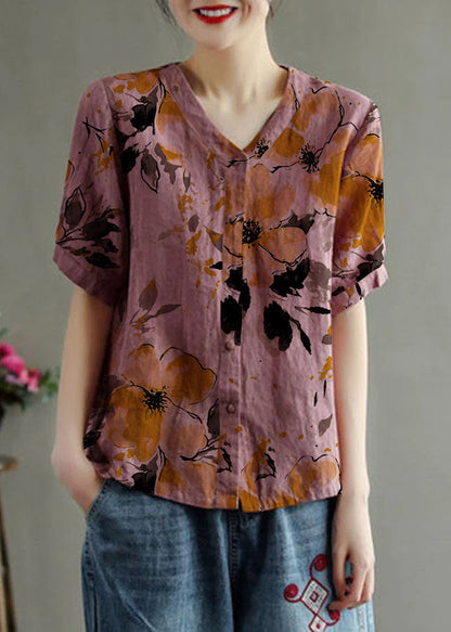 Loose Pink-flower V Neck Embroidered Summer Linen Shirt