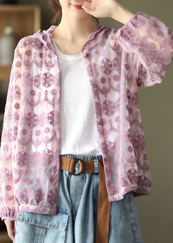 Purple Hollow Out Lace Upf 50+ Coat Cardigan Embroidered Long Sleeve