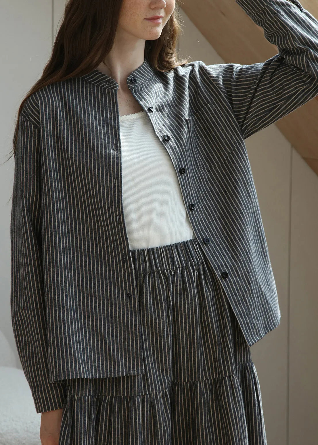 Loose Stand Collar Striped Button Cotton Shirt Spring