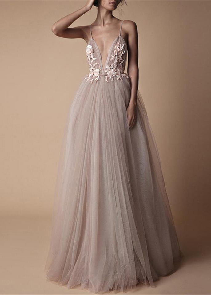 Classy V Neck Tulle Spaghetti Strap Dress Summer