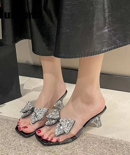 Bow Zircon Splicing Chunky Heel Black Slide Sandals