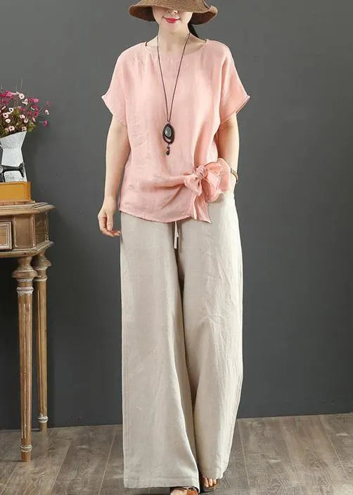 Navy Linen Cotton Blouses Sewing O Neck Bow Summer Blouses