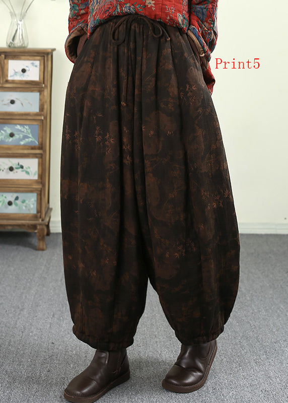 Pockets Print Elastic Waist Fine Cotton Filled Pants Winter