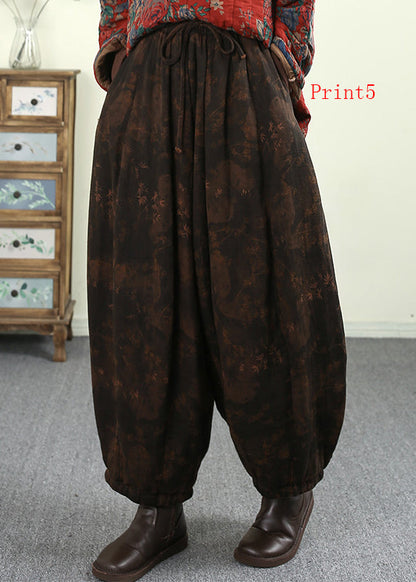 Pockets Print Elastic Waist Fine Cotton Filled Pants Winter