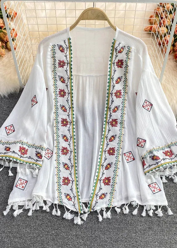 Classy Apricot V Neck Embroideried Tassel Cardigan Summer