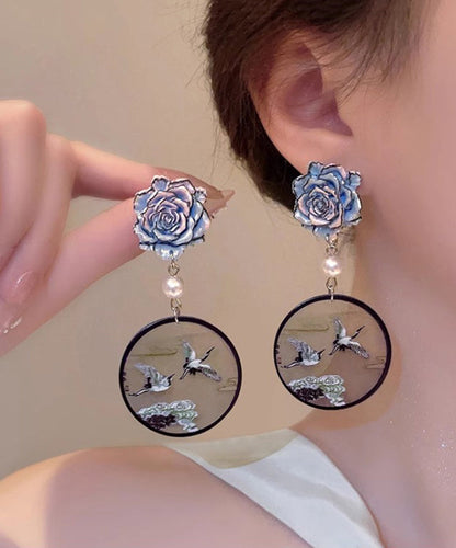 Chinese Style Blue Sterling Silver Pearl Crowned Crane Drop Earrings