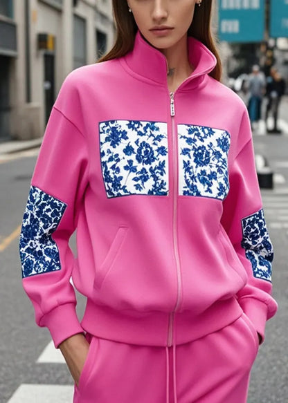 Rose Stand Collar Patchwork Print Cotton Sweatshirt Fall