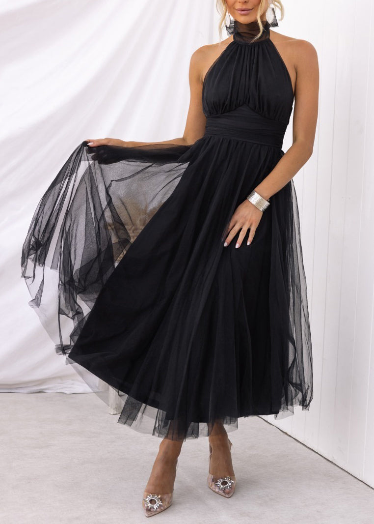 French Apricot Hign Neck Wrinkled Patchwork Tulle Dress Sleeveless