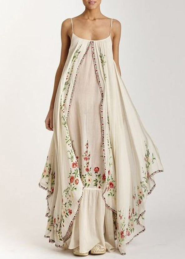 Italian Beige Print Patchwork Cotton Spaghetti Strap Dress Summer