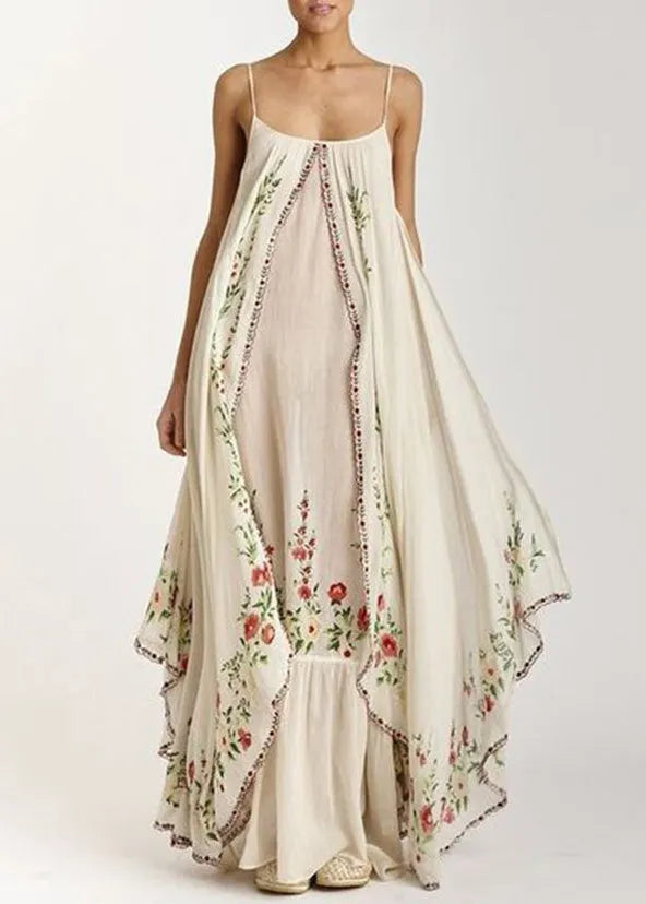 Italian Beige Print Patchwork Cotton Spaghetti Strap Dress Summer