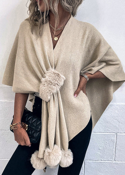 Stylish Apricot V Neck Fuzzy Ball Patchwork Knit Cape Fall