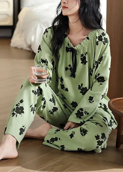New Green Print Elastic Waist Cotton Pajamas Two Pieces Set Fall