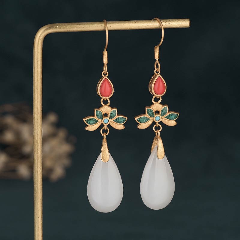 Buddha Stones Fengshui White Jade Luck Drop Earrings