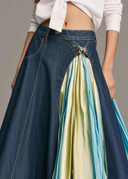 Navy Asymmetrical Patchwork Tie Dye Denim a Line Skirts Fall