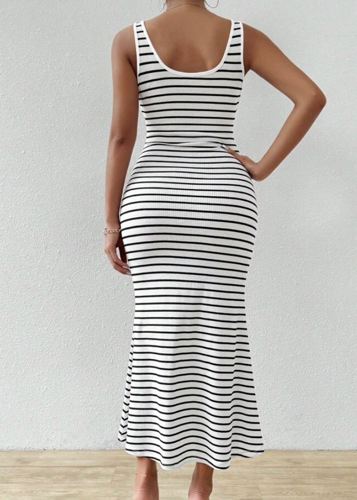 Slim Fit U Neck Striped Cotton Long Dress Sleeveless