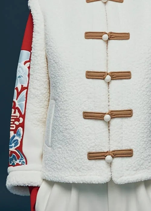 White Button Print Teddy Faux Fur Coat Winter