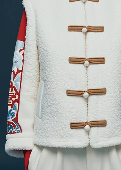 White Button Print Teddy Faux Fur Coat Winter