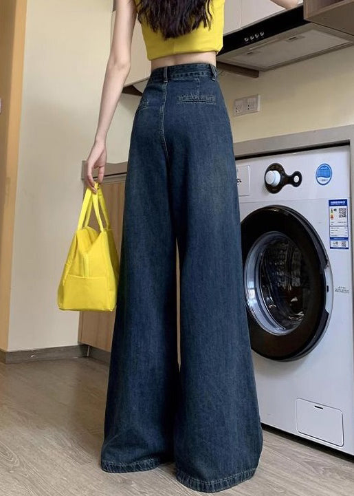 Denim Blue Button Pockets Denim Wide Leg Pants Summer