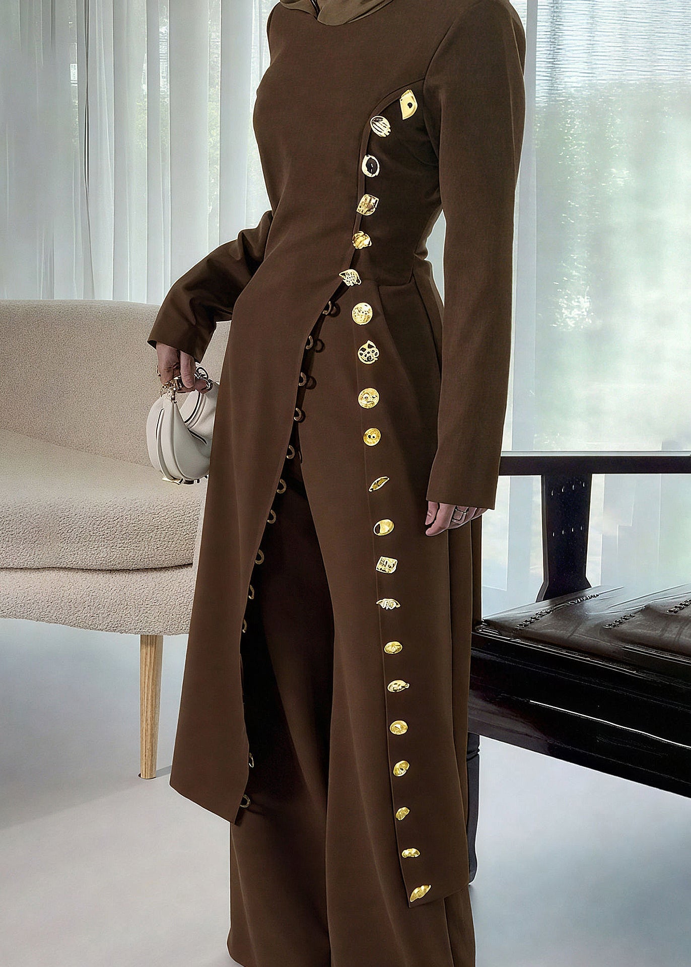 Slim Fit Coffee O-neck Patchwork Button Trench Coats Fall
