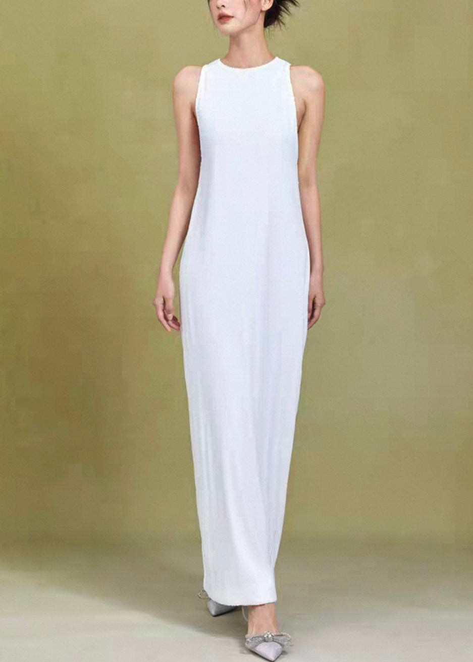 Original White O Neck High Waist Cotton Dress Sleeveless