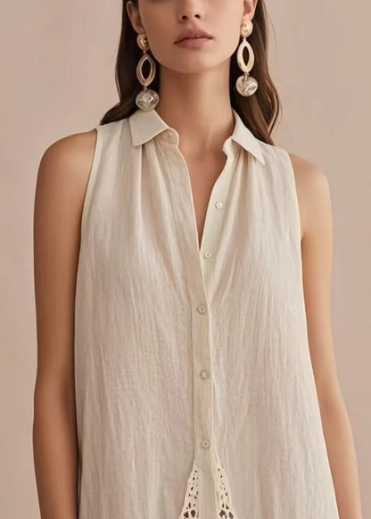 White Peter Pan Collar Patchwork Linen Shirts Sleeveless