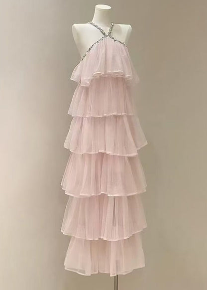 Pink Zircon High Waist Tulle Long Dress Sleeveless