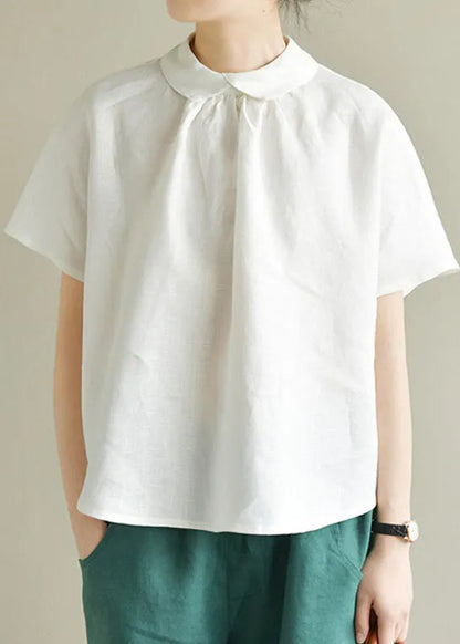 Simple Green Peter Pan Collar Linen Shirt Summer