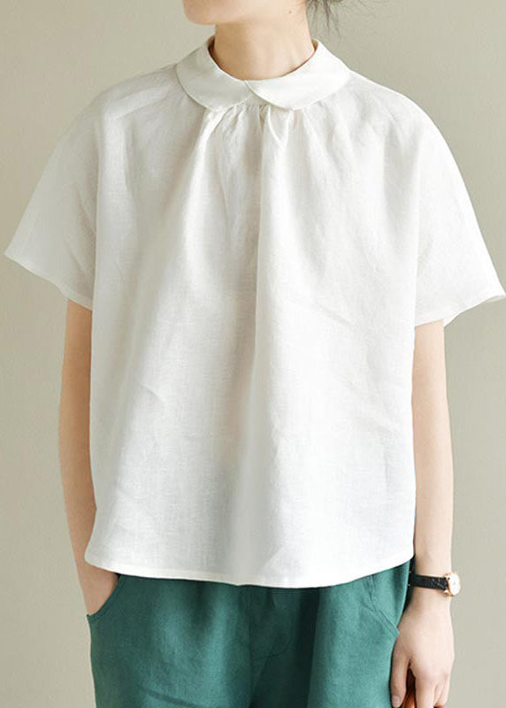 Simple Black Peter Pan Collar Linen Shirt Summer