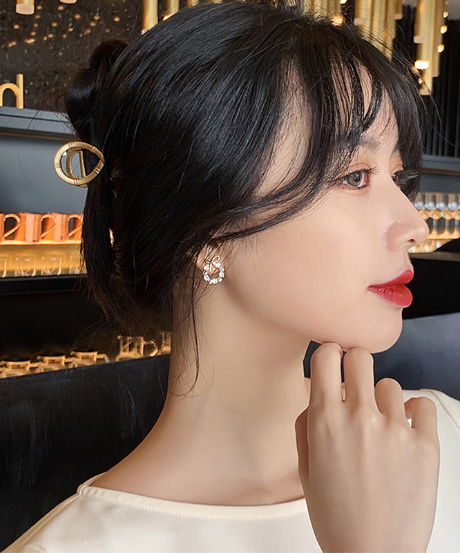 Gold Copper Alloy Pearl Bow Stud Earrings