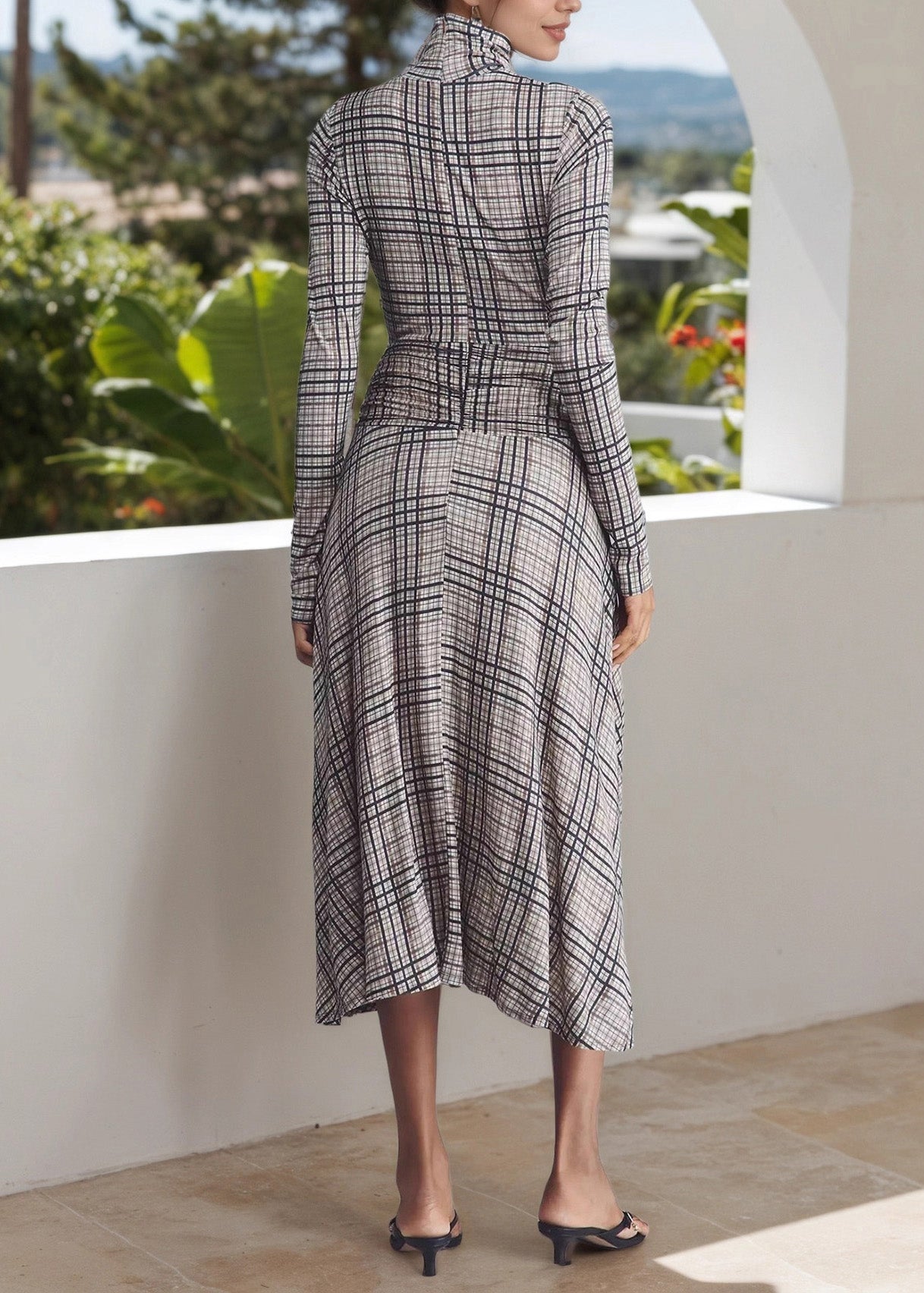 Hign Neck Plaid Patchwork Cotton Long Dresses Spring