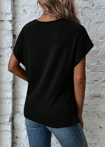 Black O Neck Asymmetrical Cotton Top Summer
