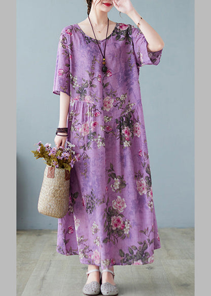 Purple O-neck Print Maxi Dress Summer