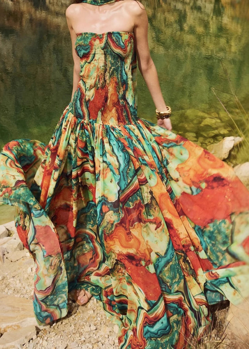 New Print Wrinkled Strapless Long Dresses