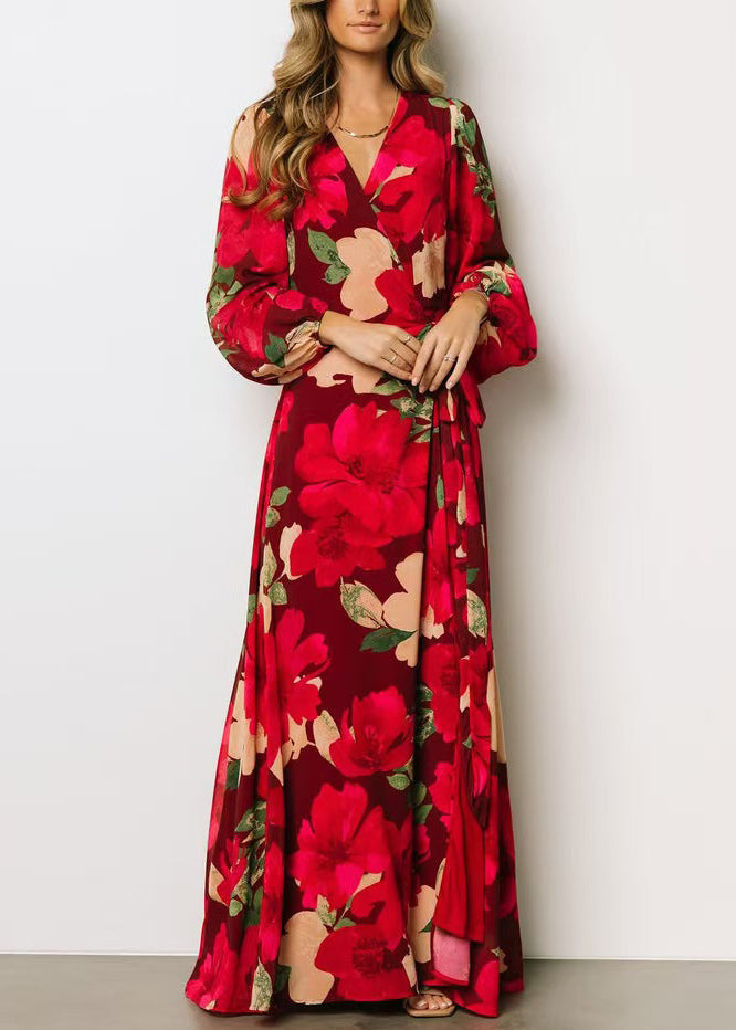 Red Print Side Open Cotton Maxi Dresses Fall