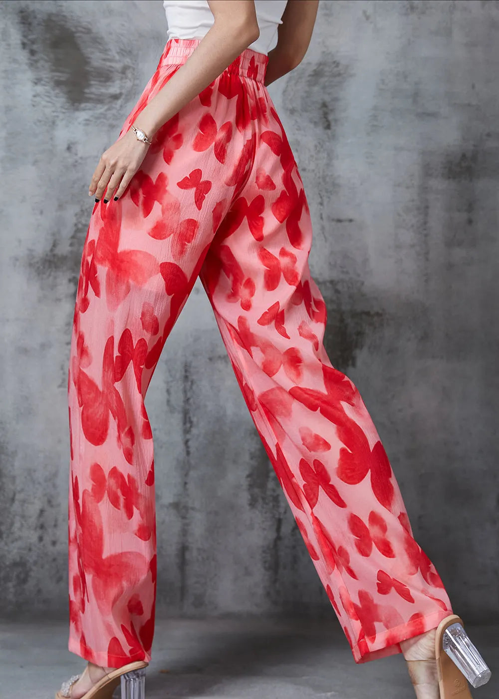 Red Print Silk Straight Pants Summer