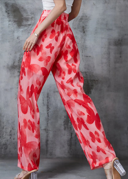 Red Print Silk Straight Pants Summer