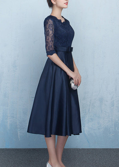 Navy Lace Patchwork Silk Dresses Summer